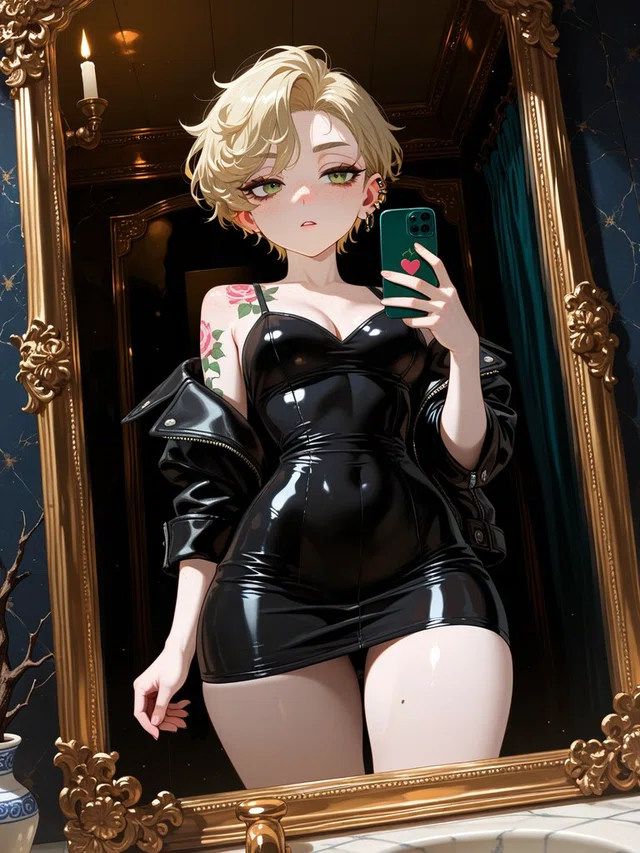 Anime character with short blonde curls taking a mirror selfie in a glossy black dress, framed by an ornate gold mirror.