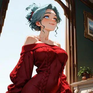 Smiling anime character with teal hair and blue eyes wearing a red off-the-shoulder cable-knit sweater beside a bright window and fireplace.