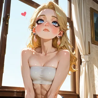 Anime portrait of a freckled, blonde-haired figure in a white bandeau and denim shorts beside a sunlit window.