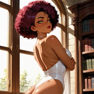 Anime-style woman with curly magenta hair in white bodysuit, back view near window and bookshelf