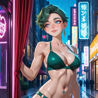 Anime woman in green bikini with rose tattoo, standing in rainy neon-lit street