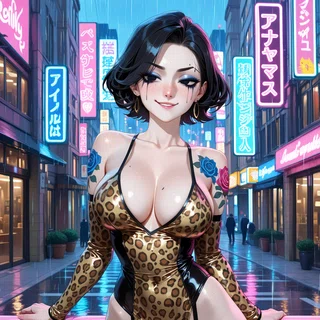 Anime woman in leopard bodysuit leaning on pink railing under neon city lights