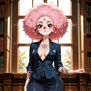 Pink-haired anime character in dark suit leaning on wooden railing near window